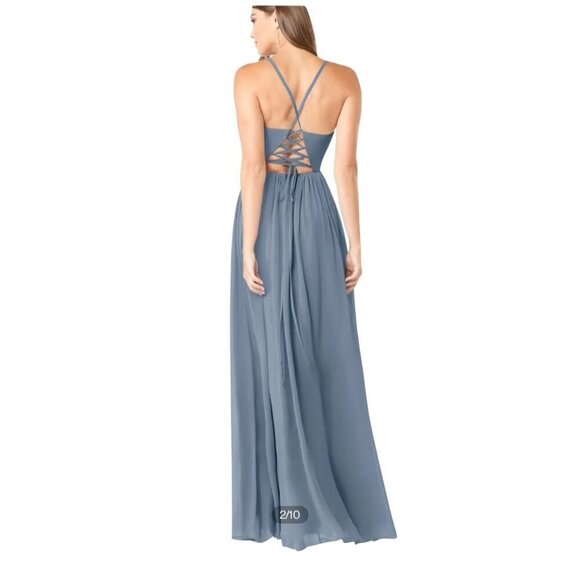 Azazie Aaida Dress Size 4 A-Line Chiffon Lace Up Ink Blue Bridesmaid Dress Maxi - Picture 1 of 10